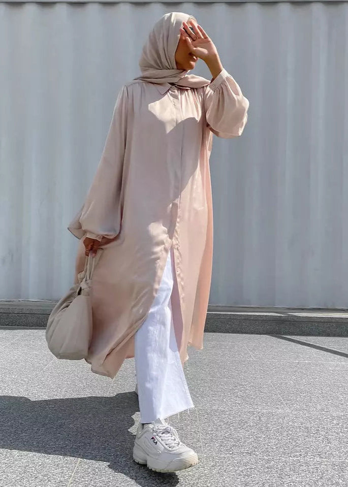 Champagne Satin Midi Shirt Dress
