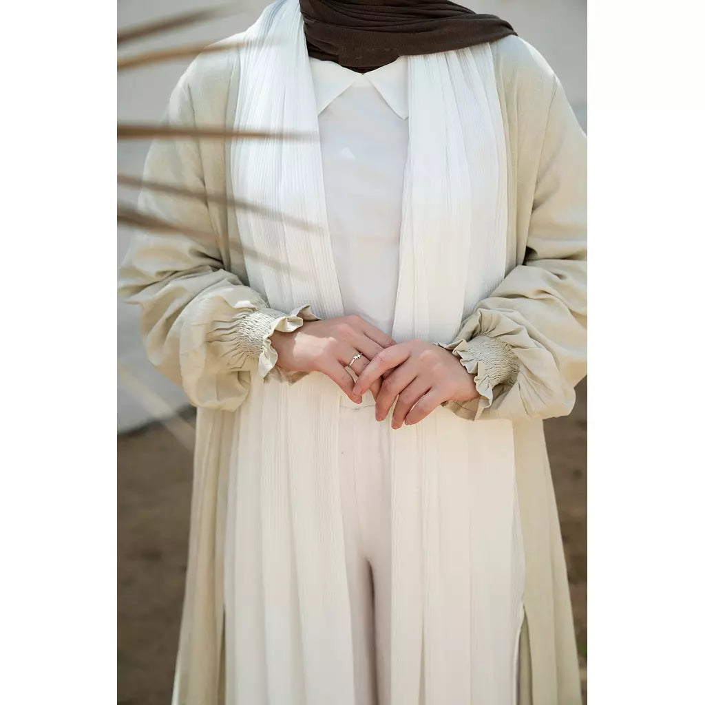 Linen x Chiffon Pleated Collar Kimono in Beige
