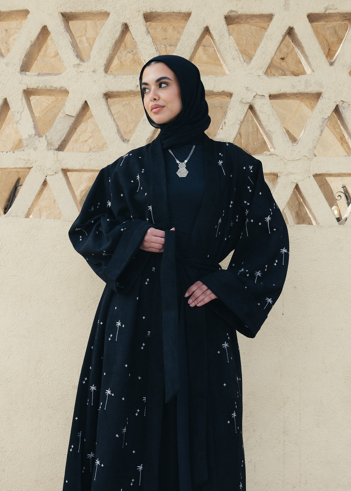 The Palm Embroidered Kaftan Black x Creme