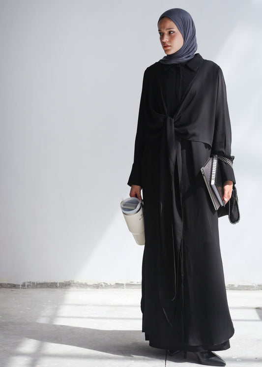 Knot Crep Shirt Abaya In Black