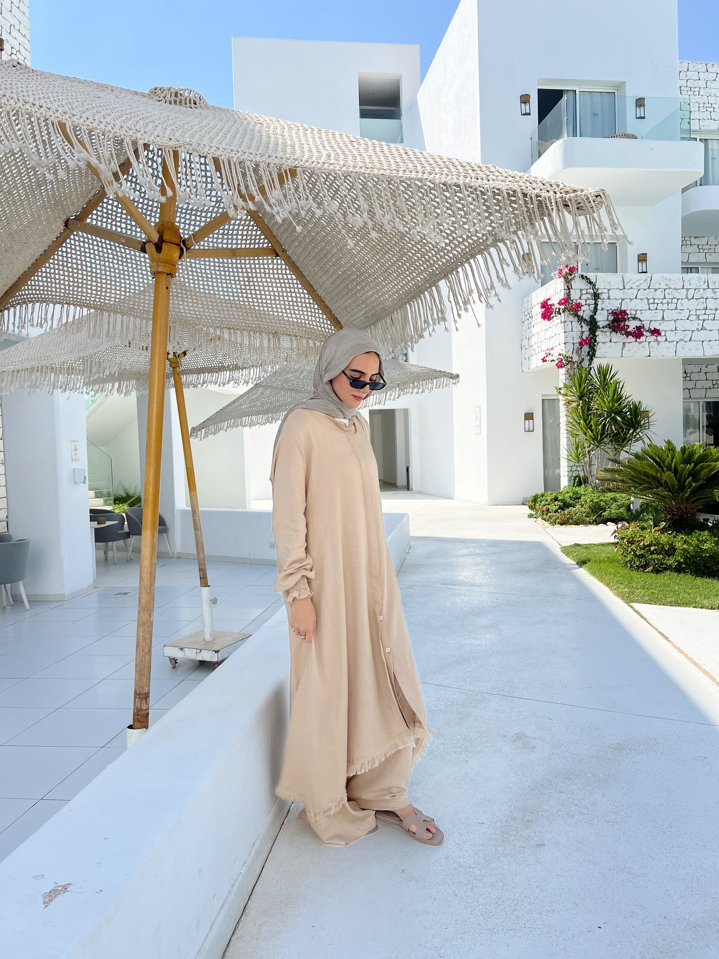 Asymmetric Linen Set In Beige