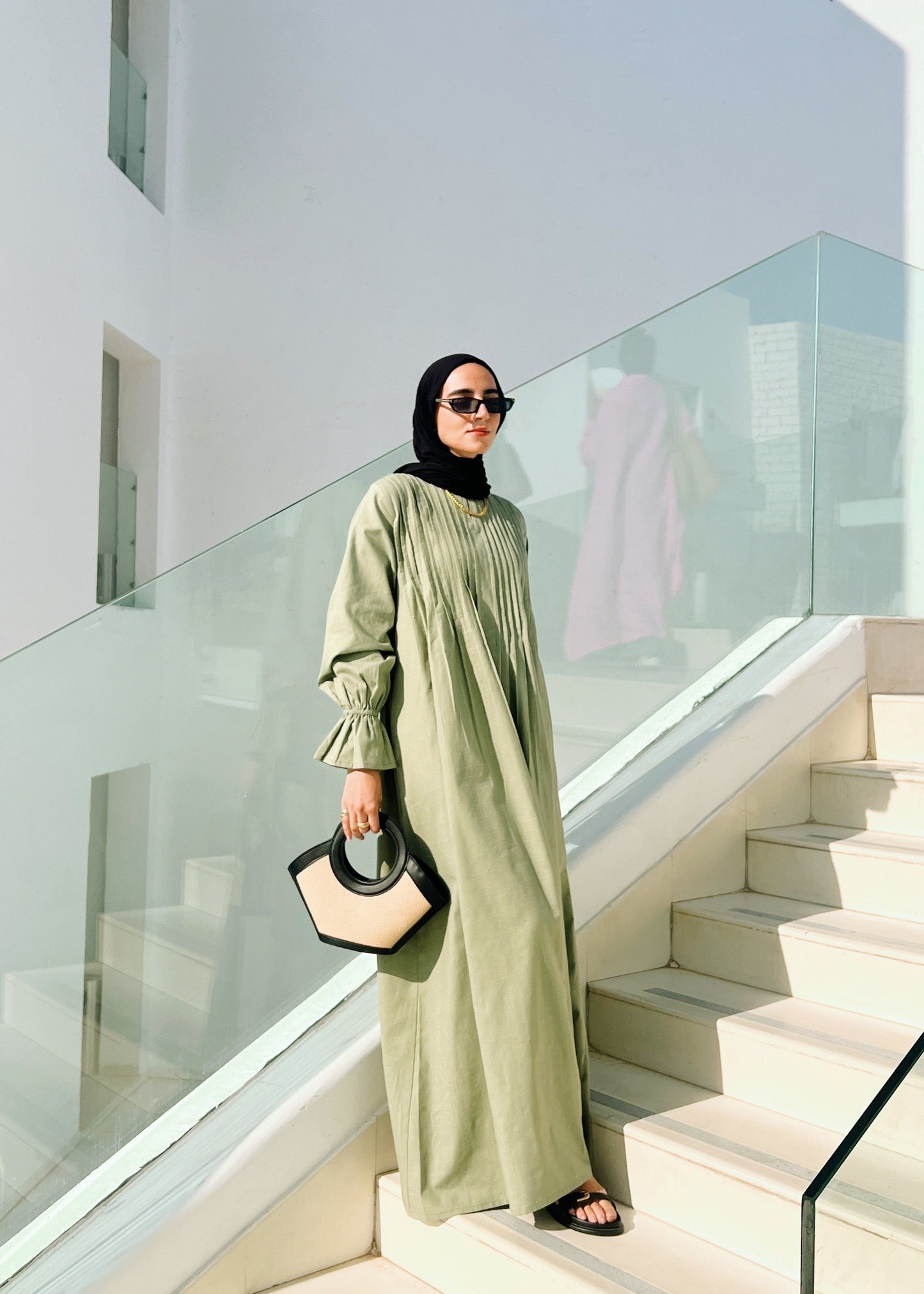 Linen Pleated Dress In Olive