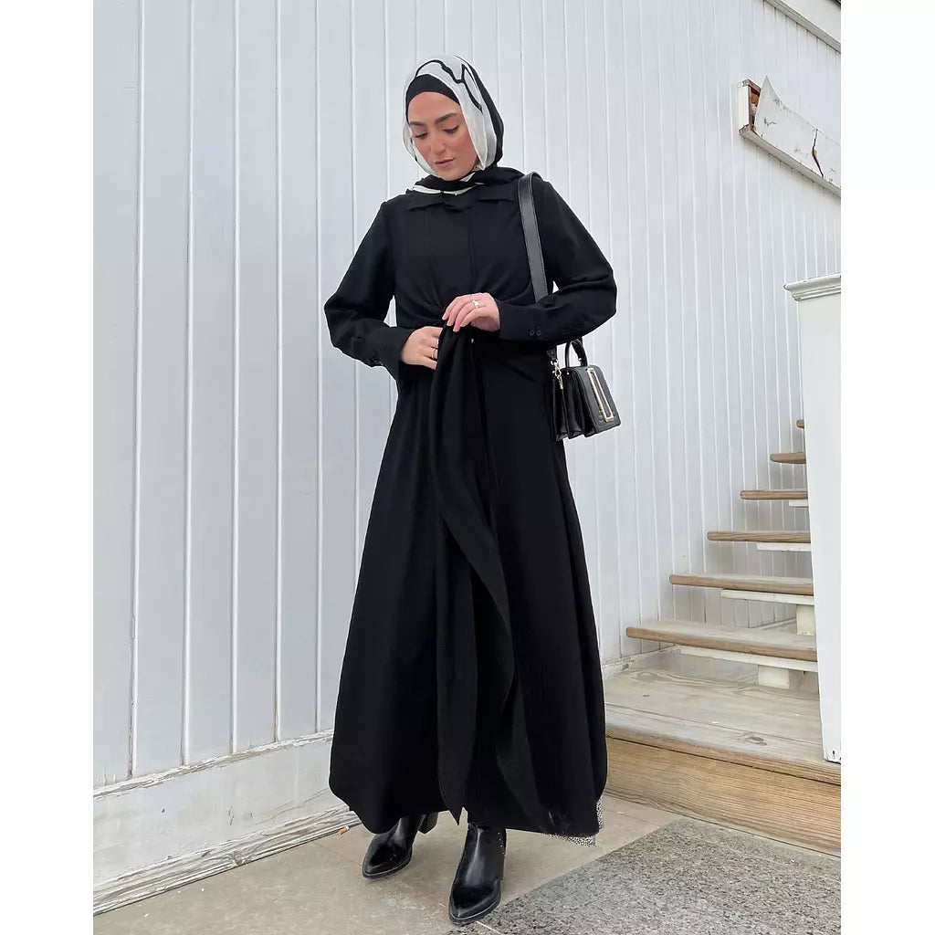 Knot Crep Shirt Abaya In Black