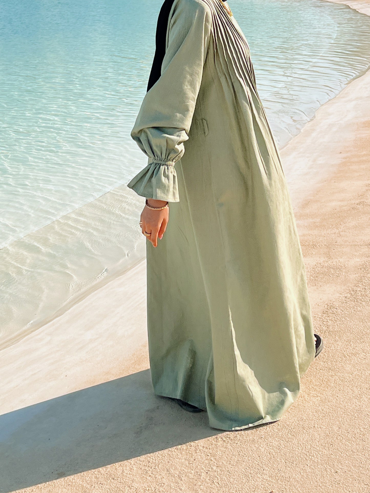 Linen Pleated Dress In Olive