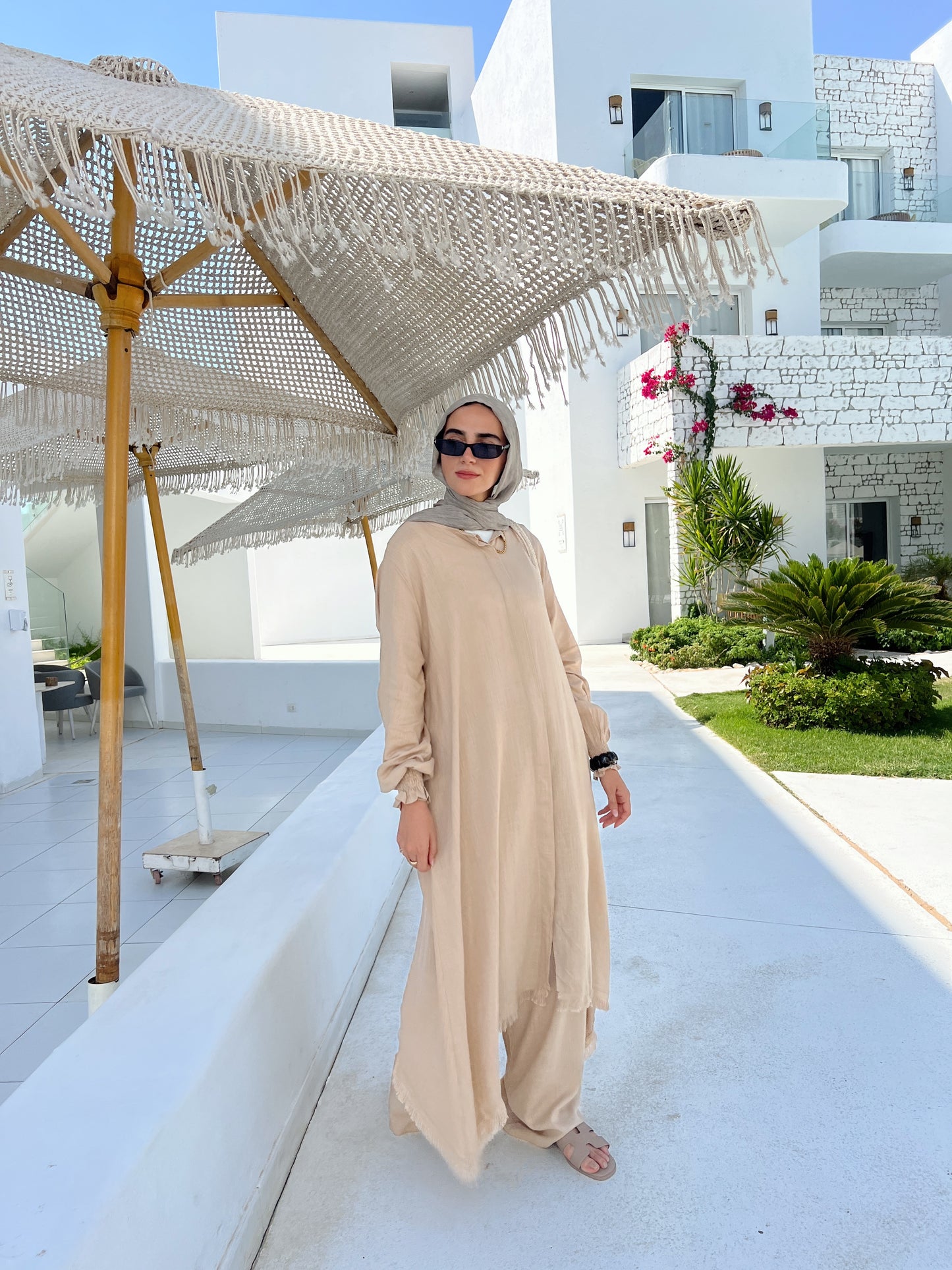 Asymmetric Linen Set In Beige