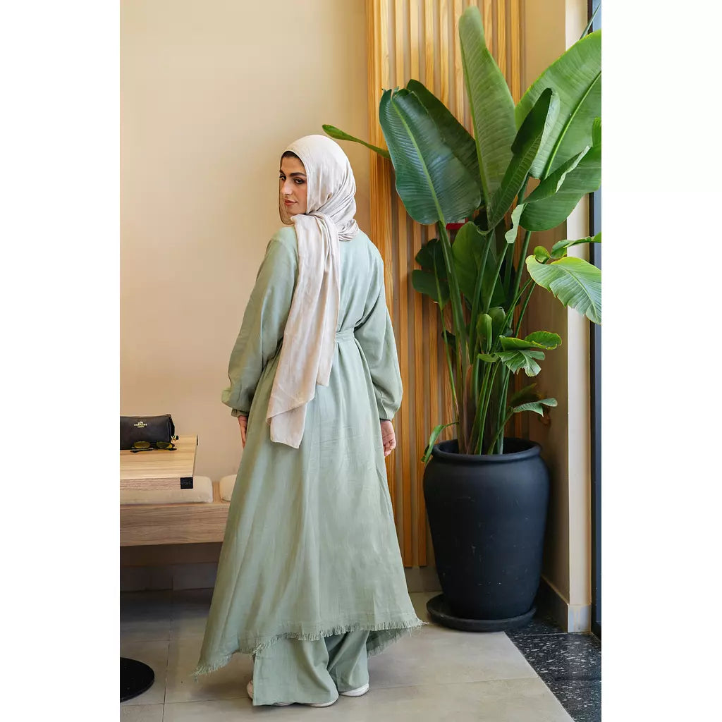 Asymmetric Linen Set In Olive