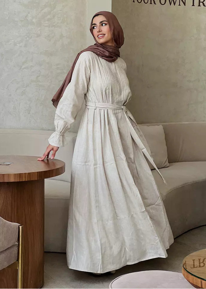 Linen Pleated Dress In Beige