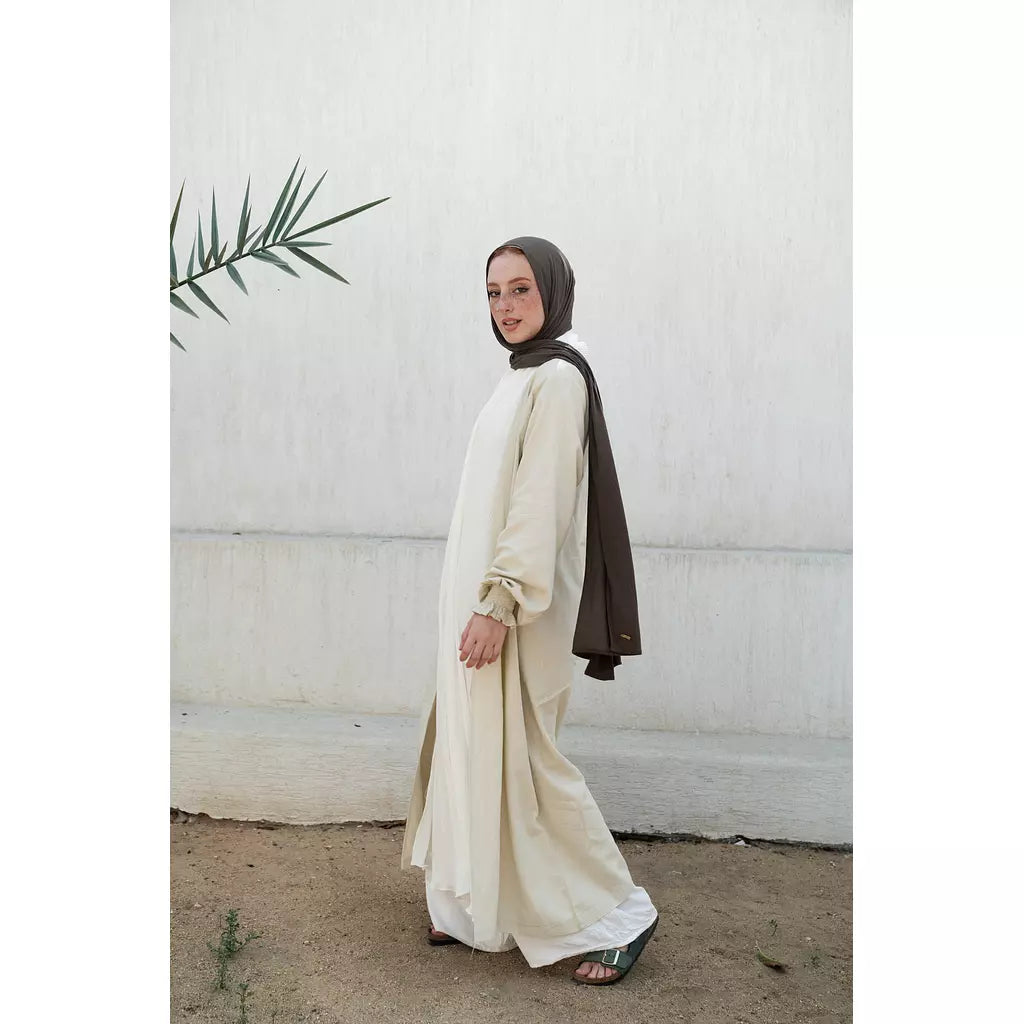 Linen x Chiffon Pleated Collar Kimono in Beige