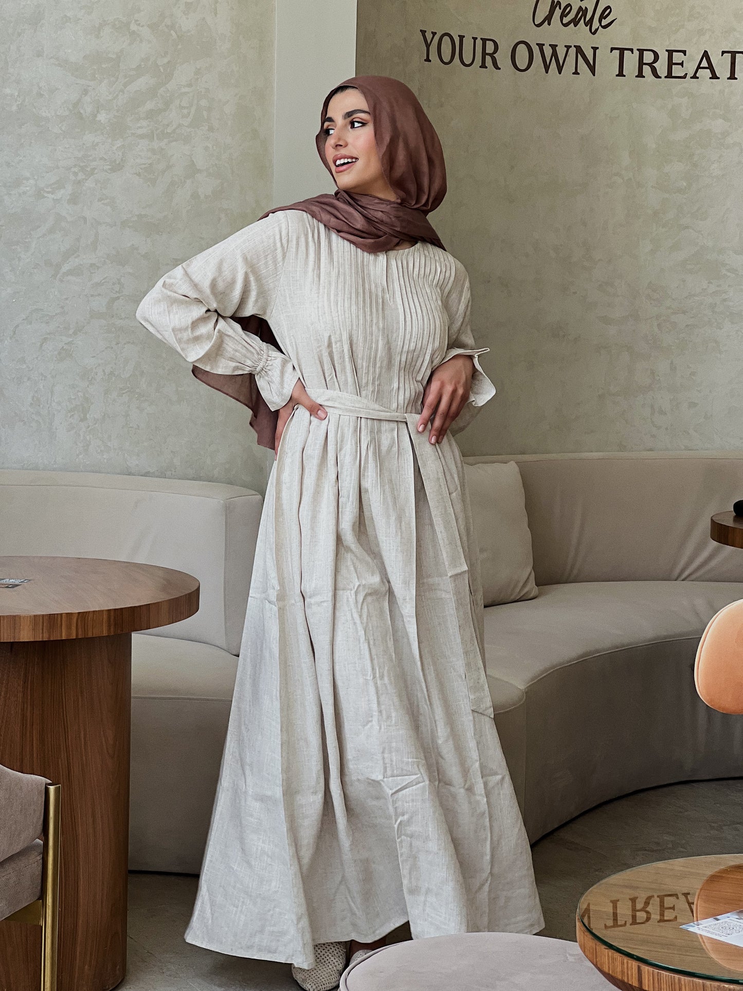 Linen Pleated Dress In Beige