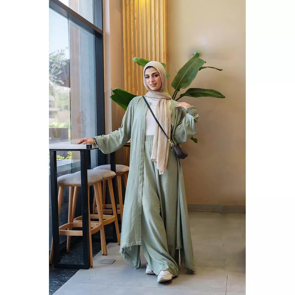 Asymmetric Linen Set In Olive