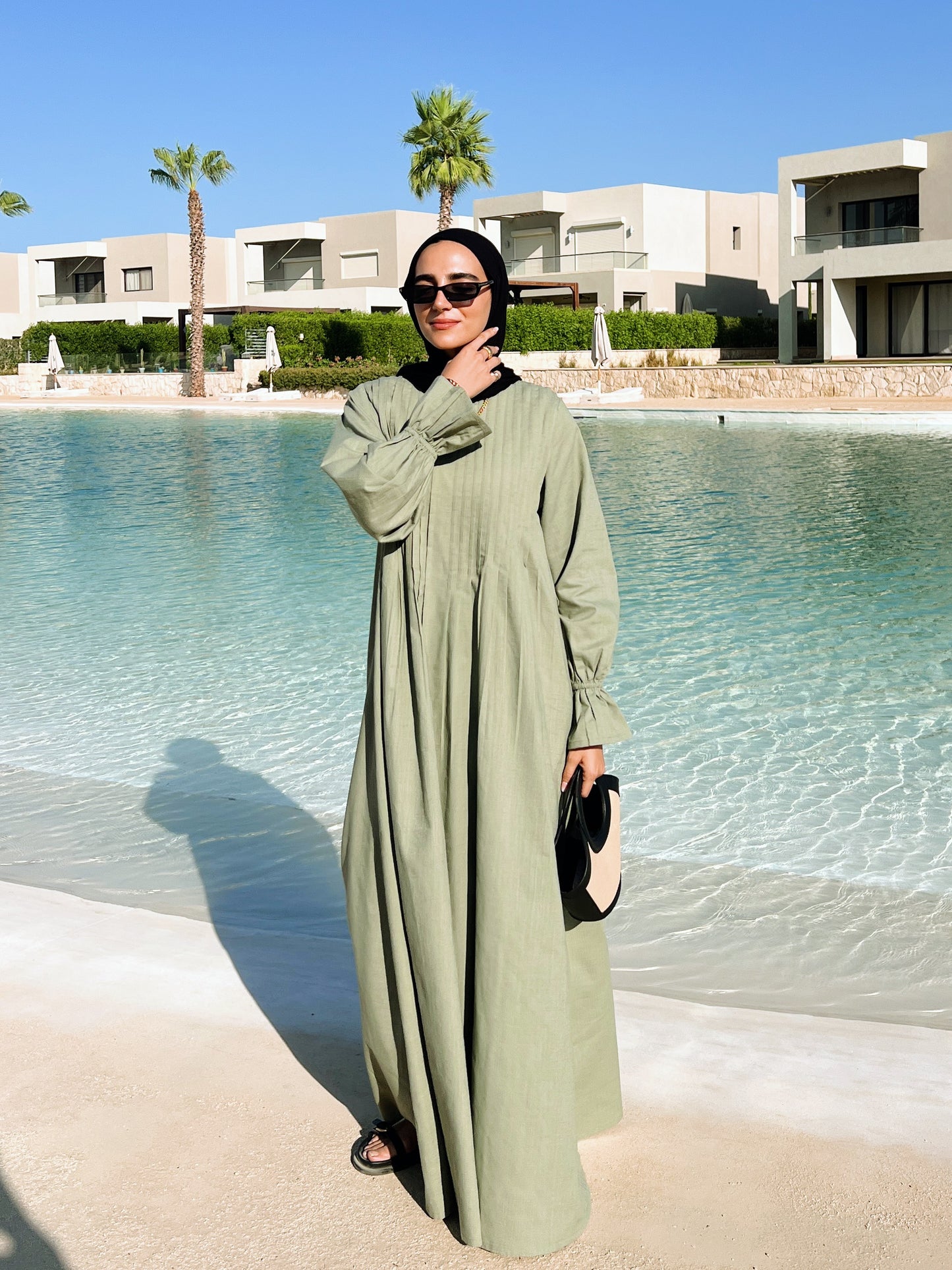 Linen Pleated Dress In Olive