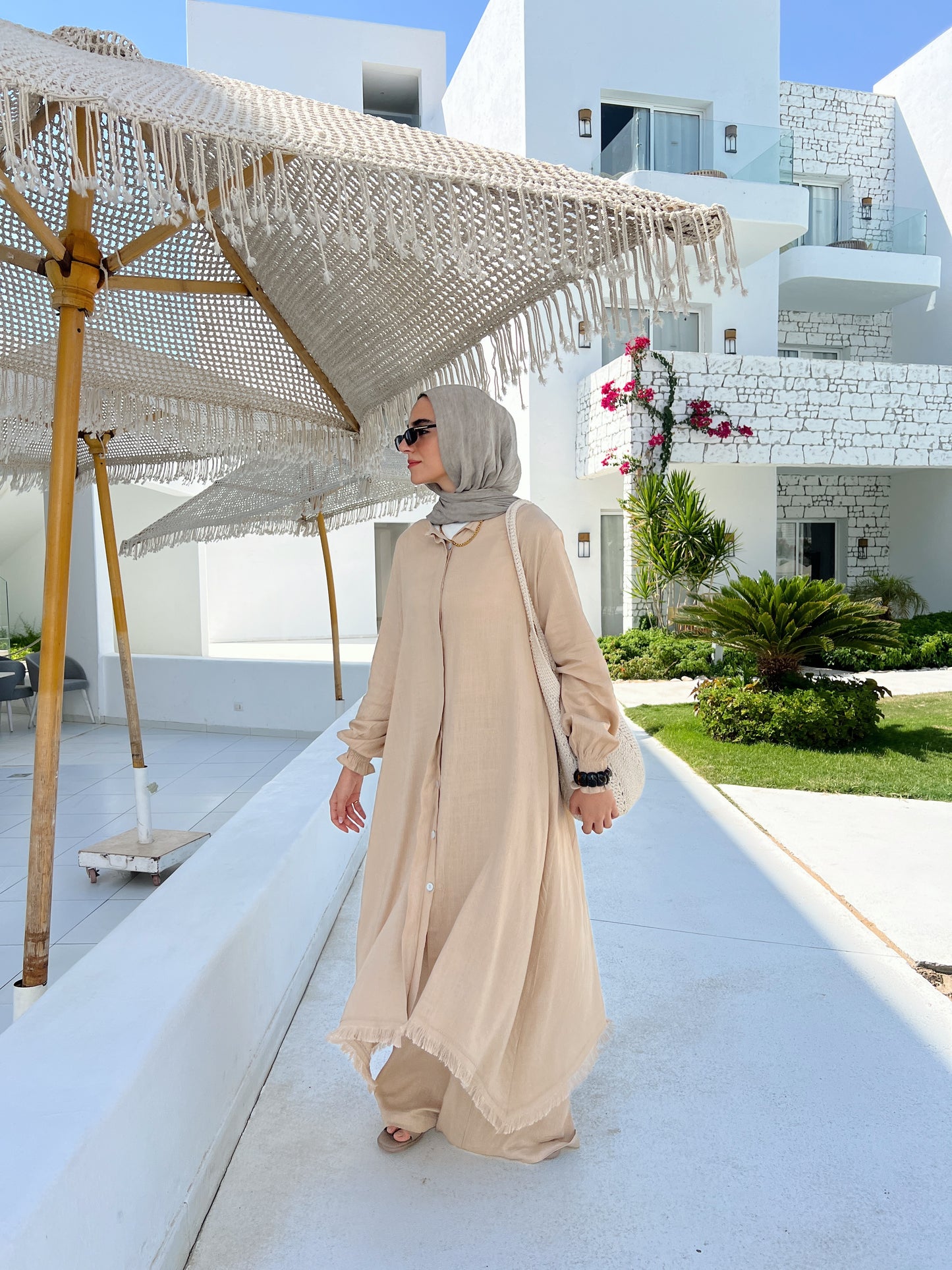 Asymmetric Linen Set In Beige