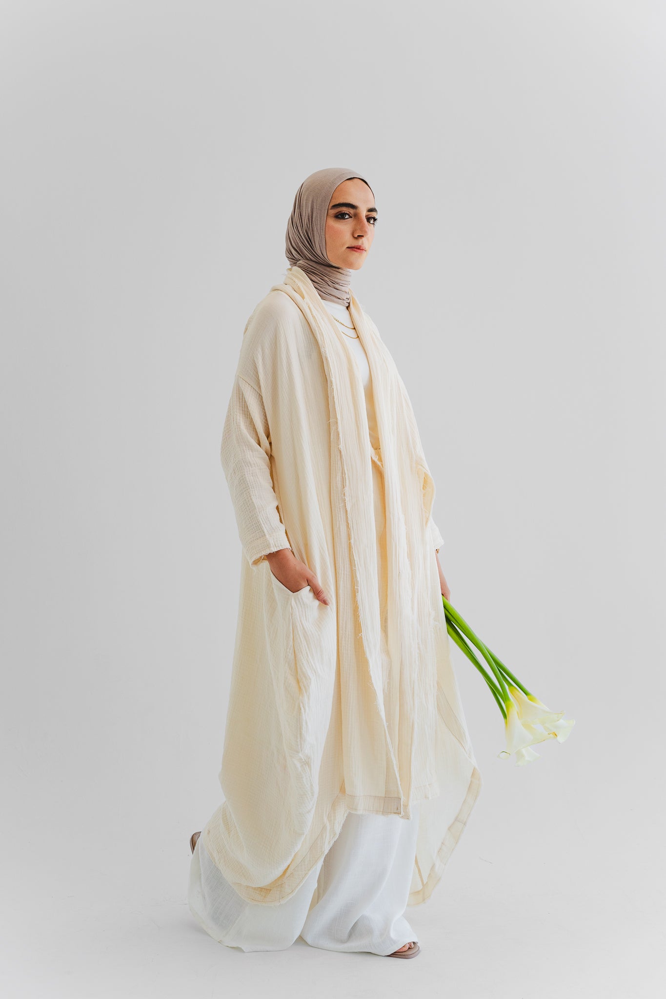 The Breezy Flow Muslin Cardigan in Butter cream