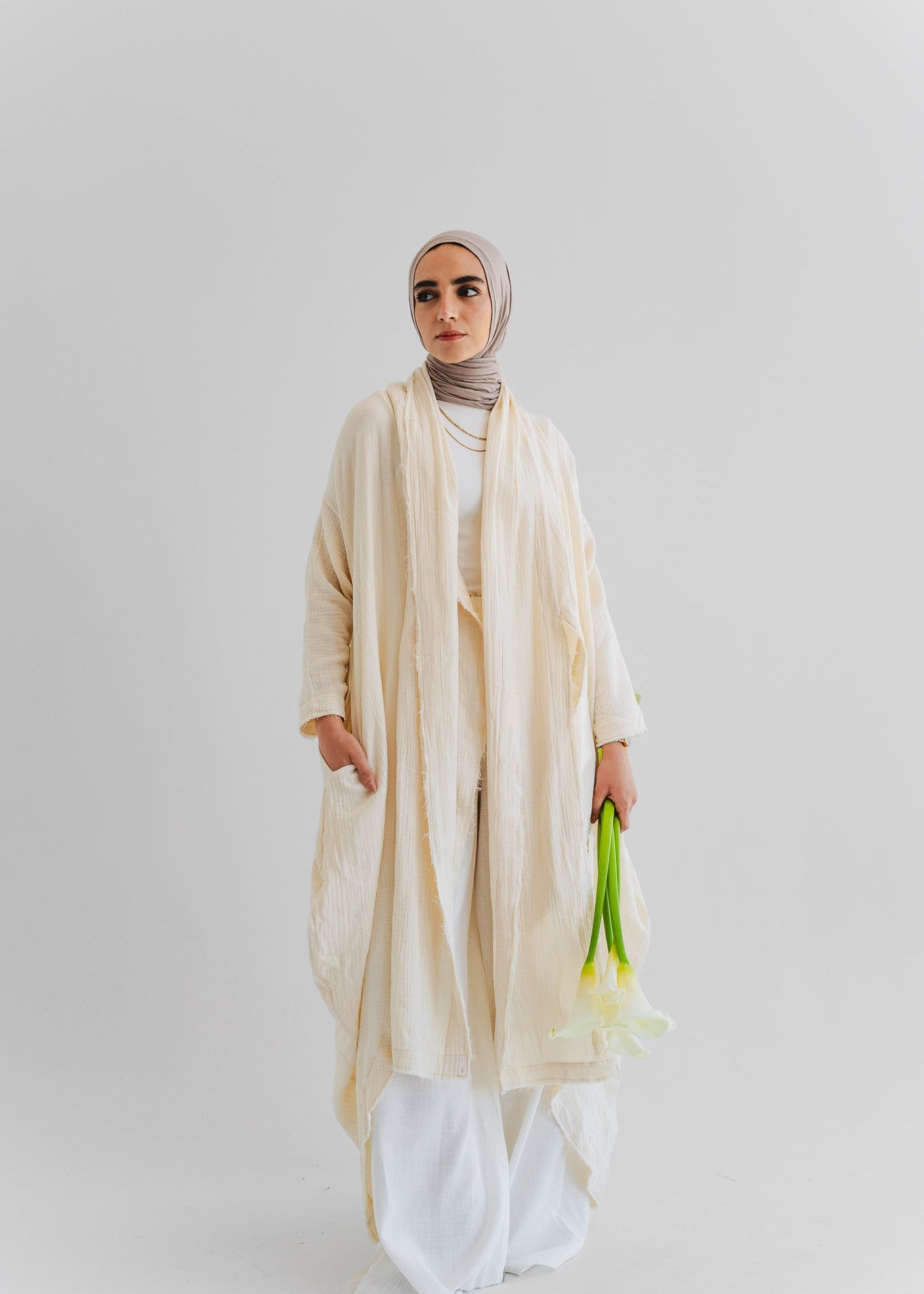 The Breezy Flow Muslin Cardigan in Butter cream