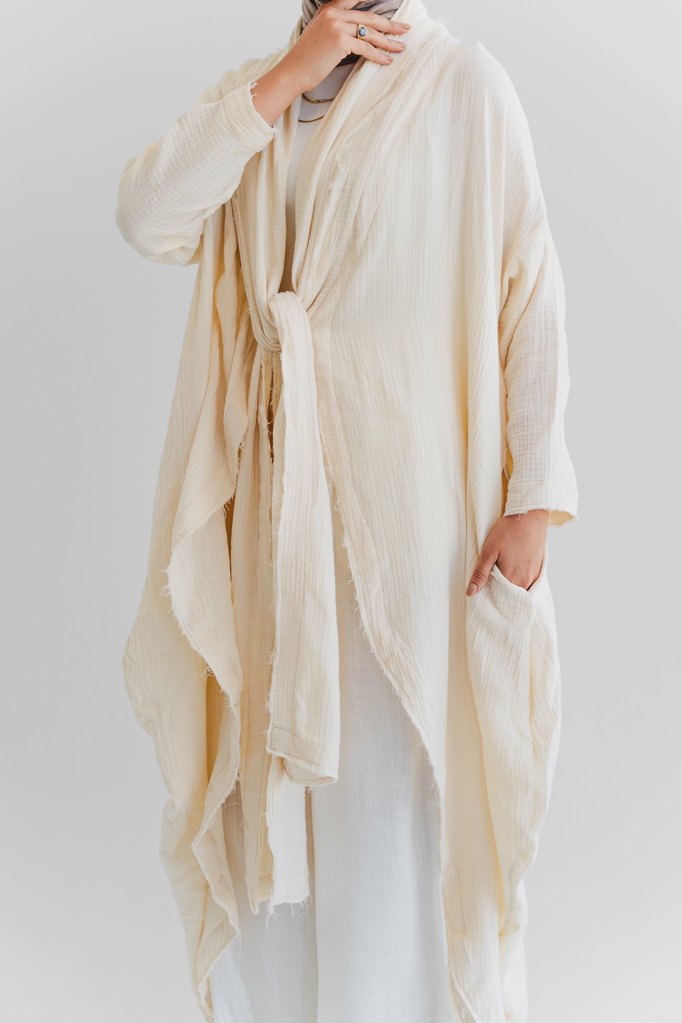The Breezy Flow Muslin Cardigan in Butter cream