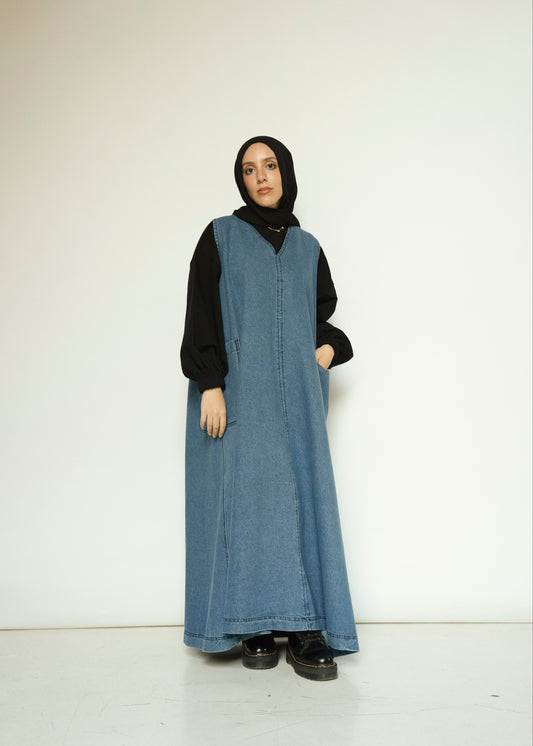 Sleeveless Denim Dress Set (Light Wash)