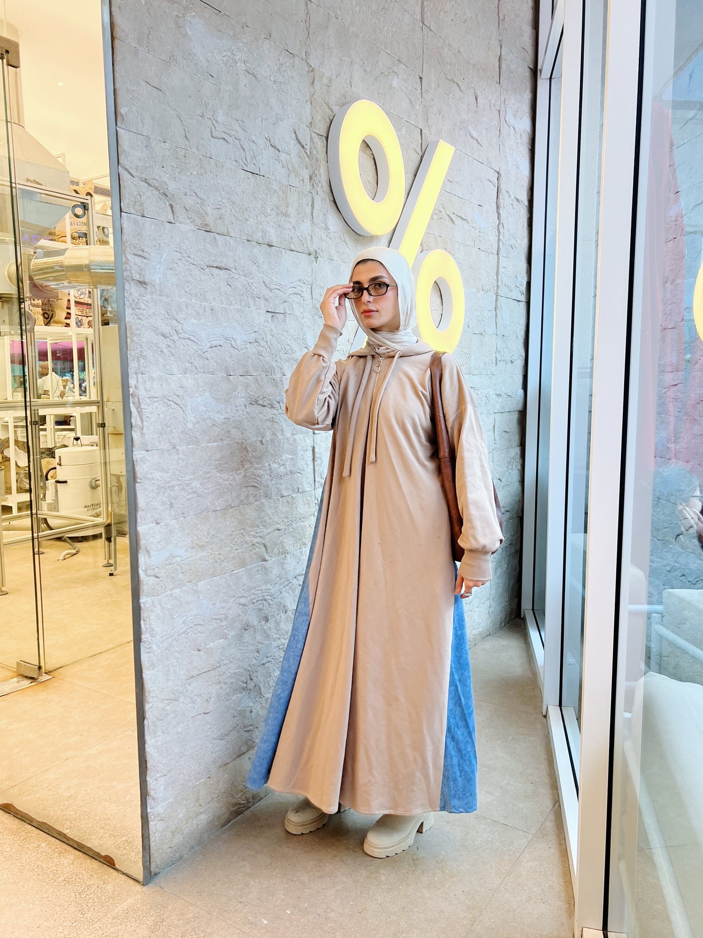 Denim-sided Hoodie Dress in Warm Beige