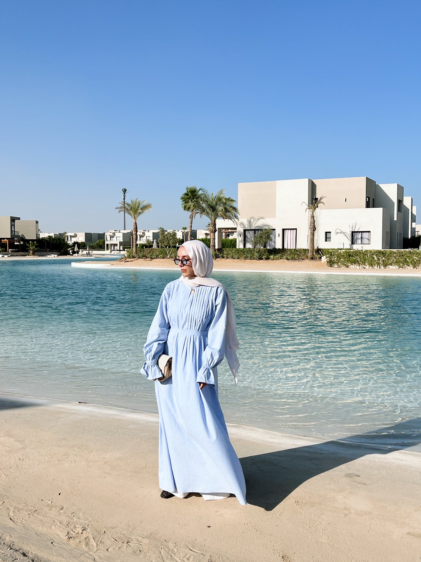 Linen Pleated Dress In Sky Blue
