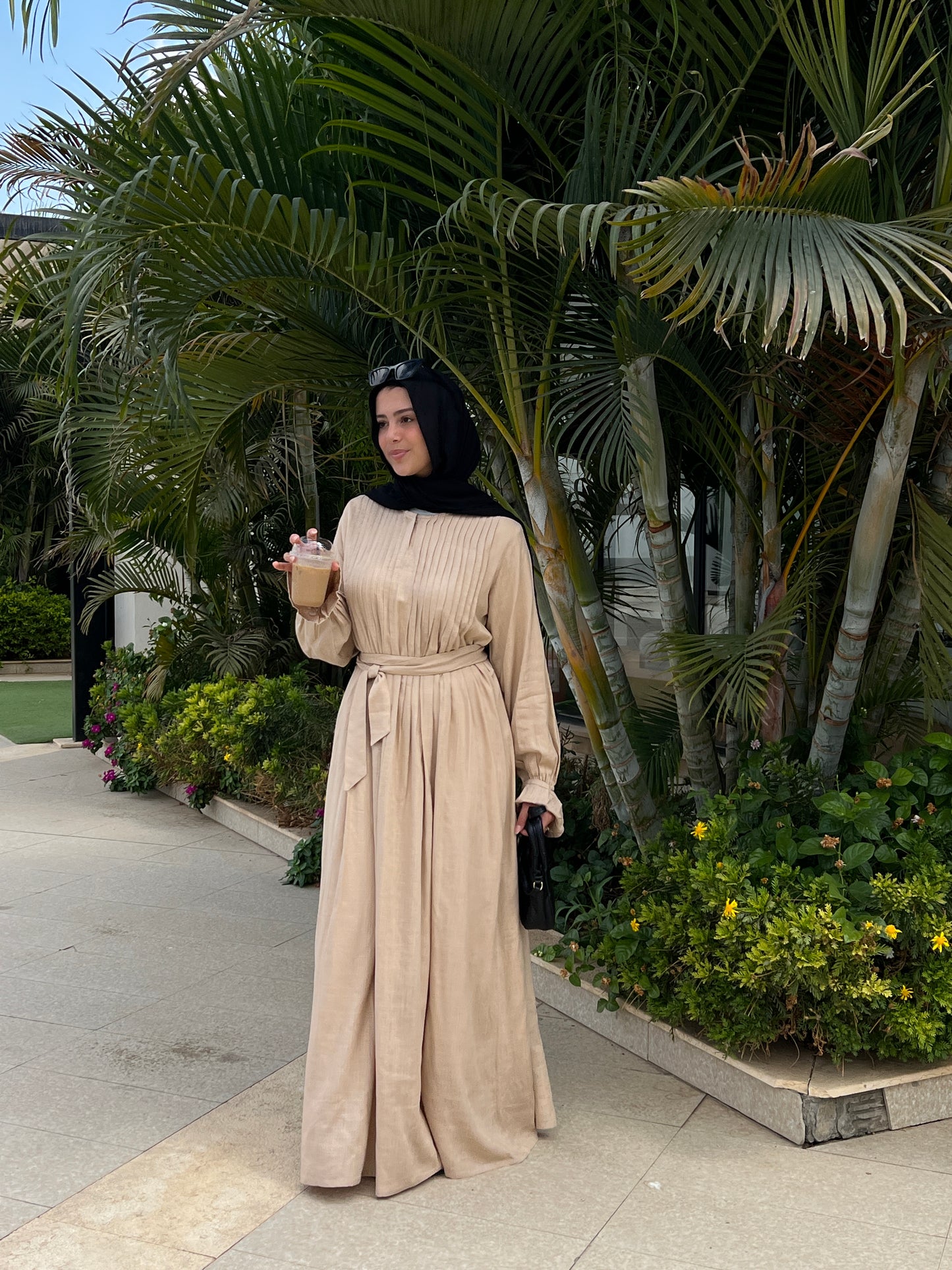 Linen Pleated Dress In Beige