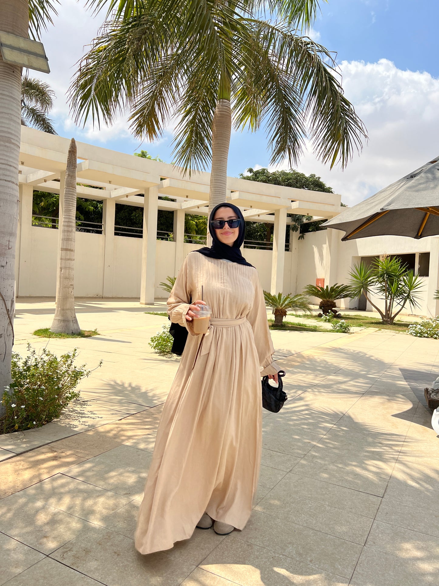 Linen Pleated Dress In Beige