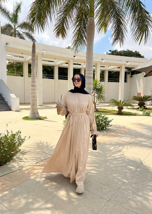 Linen Pleated Dress In Beige