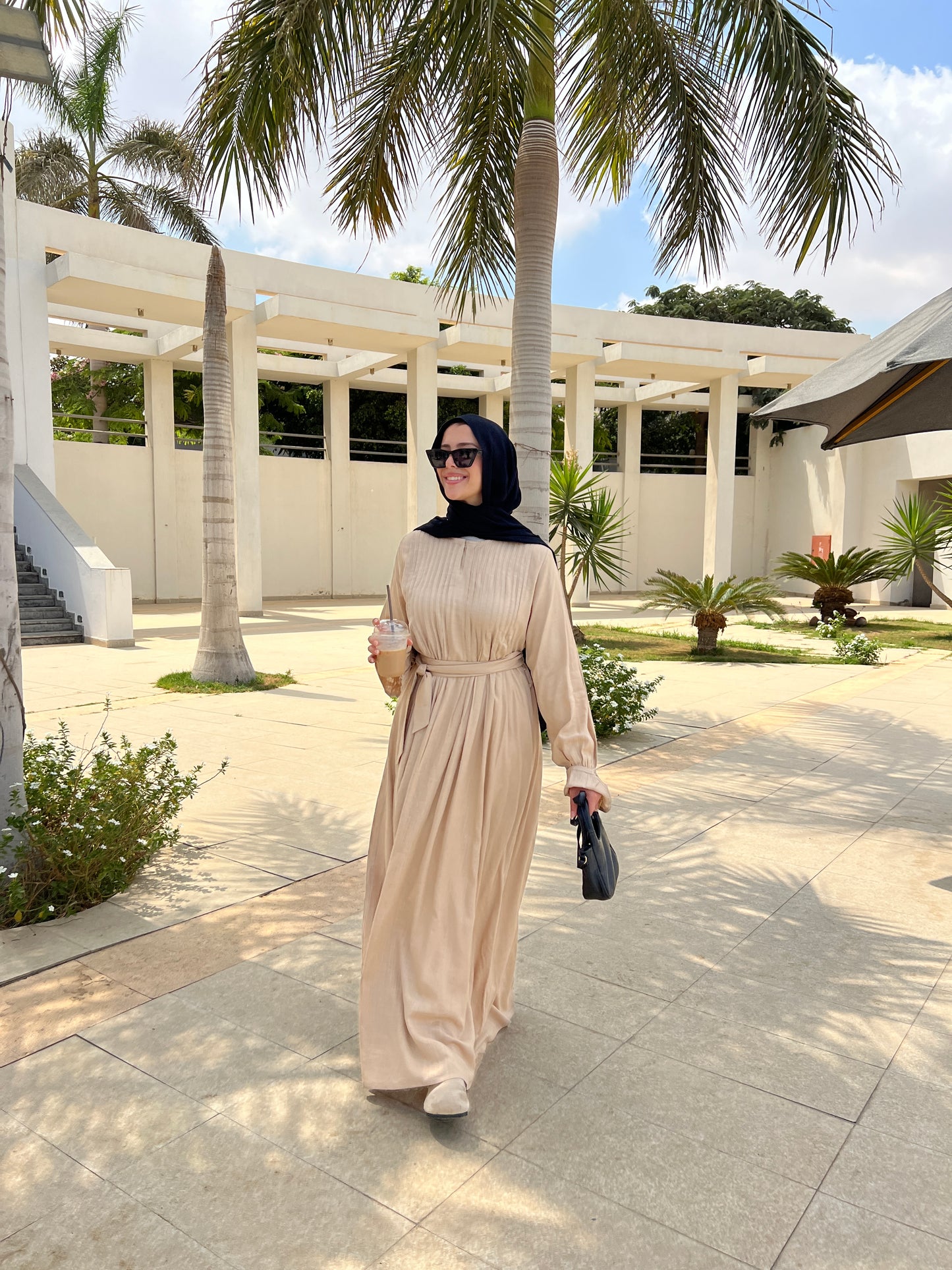 Linen Pleated Dress In Beige