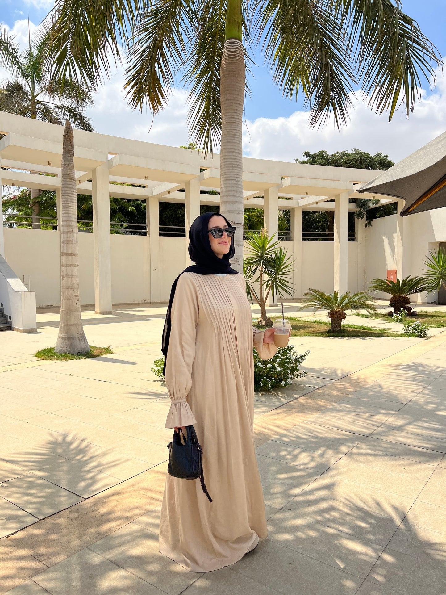 Linen Pleated Dress In Beige