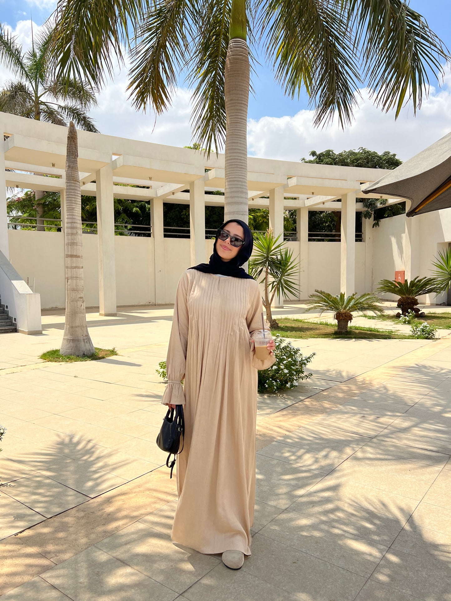 Linen Pleated Dress In Beige