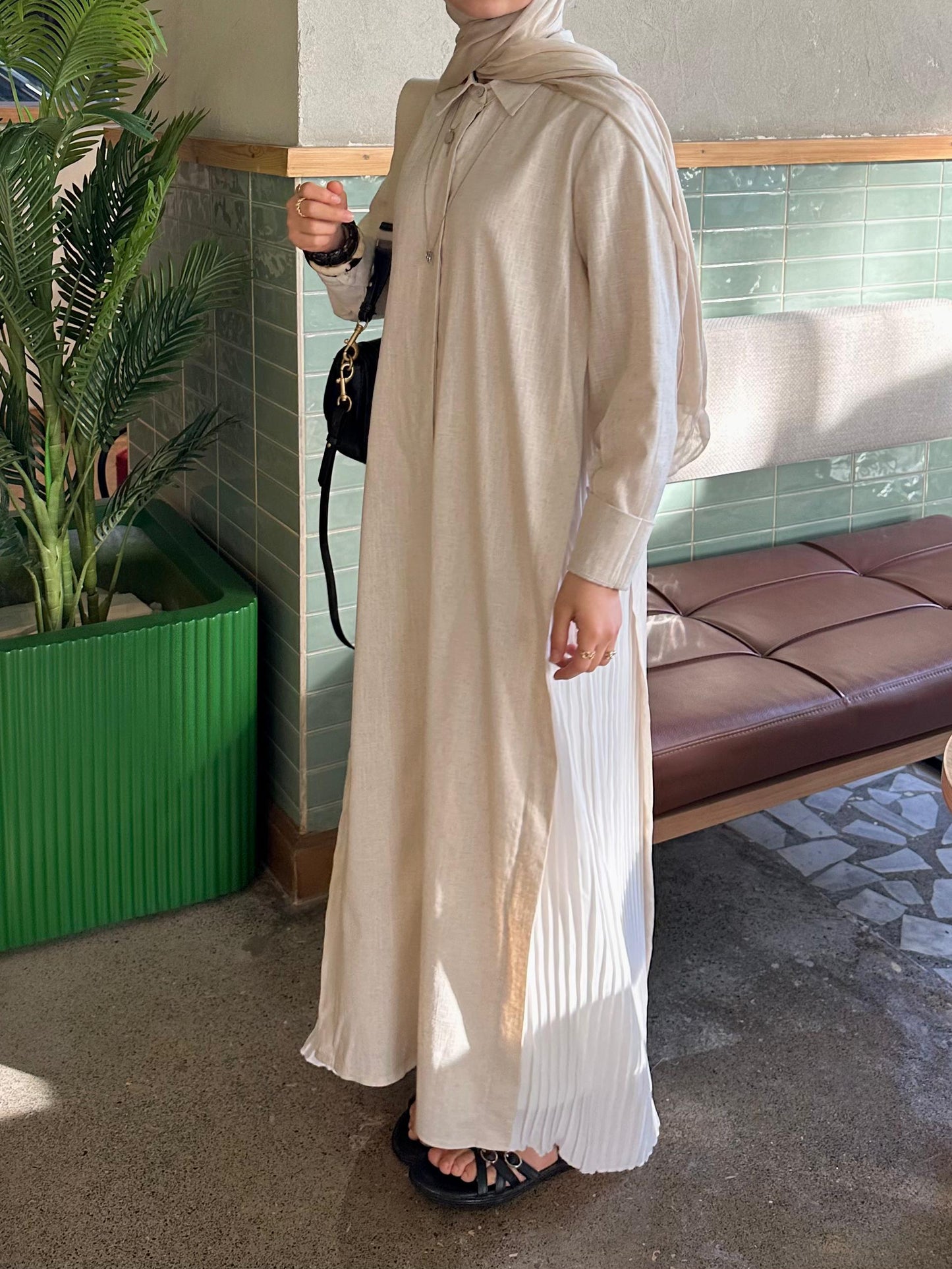 Side-pleated Shirt Dress in Beige