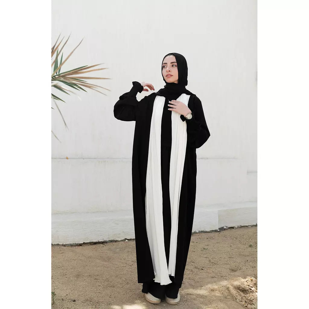 Linen x Chiffon Pleated Collar Kimono in Black