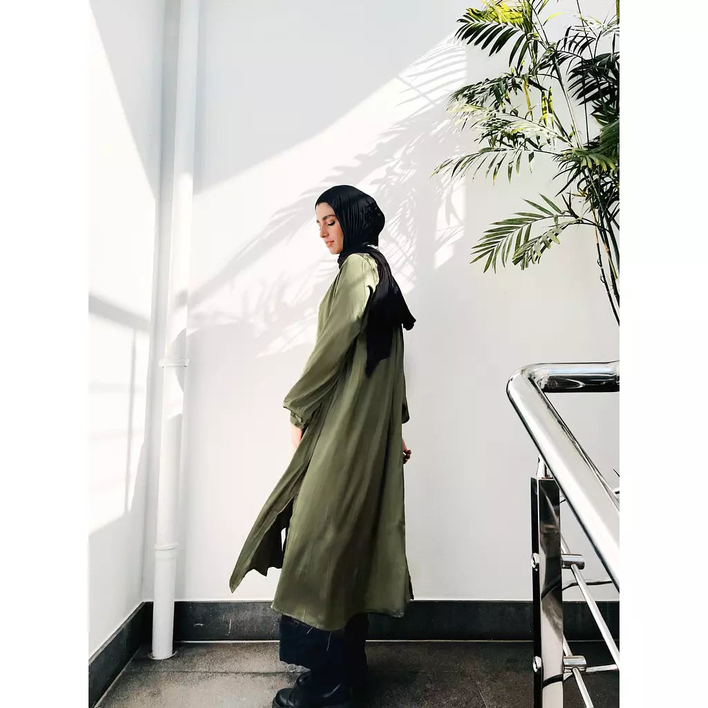 Satin Midi Shirt Dress In Olive