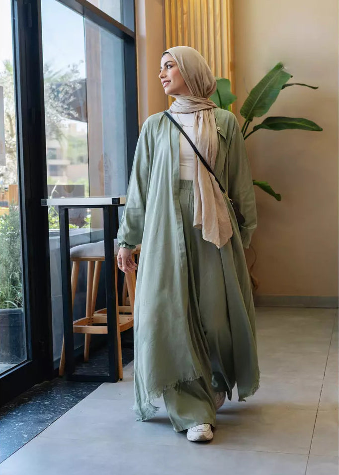 Asymmetric Linen Set In Olive