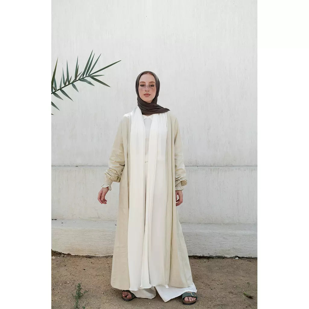 Linen x Chiffon Pleated Collar Kimono in Beige