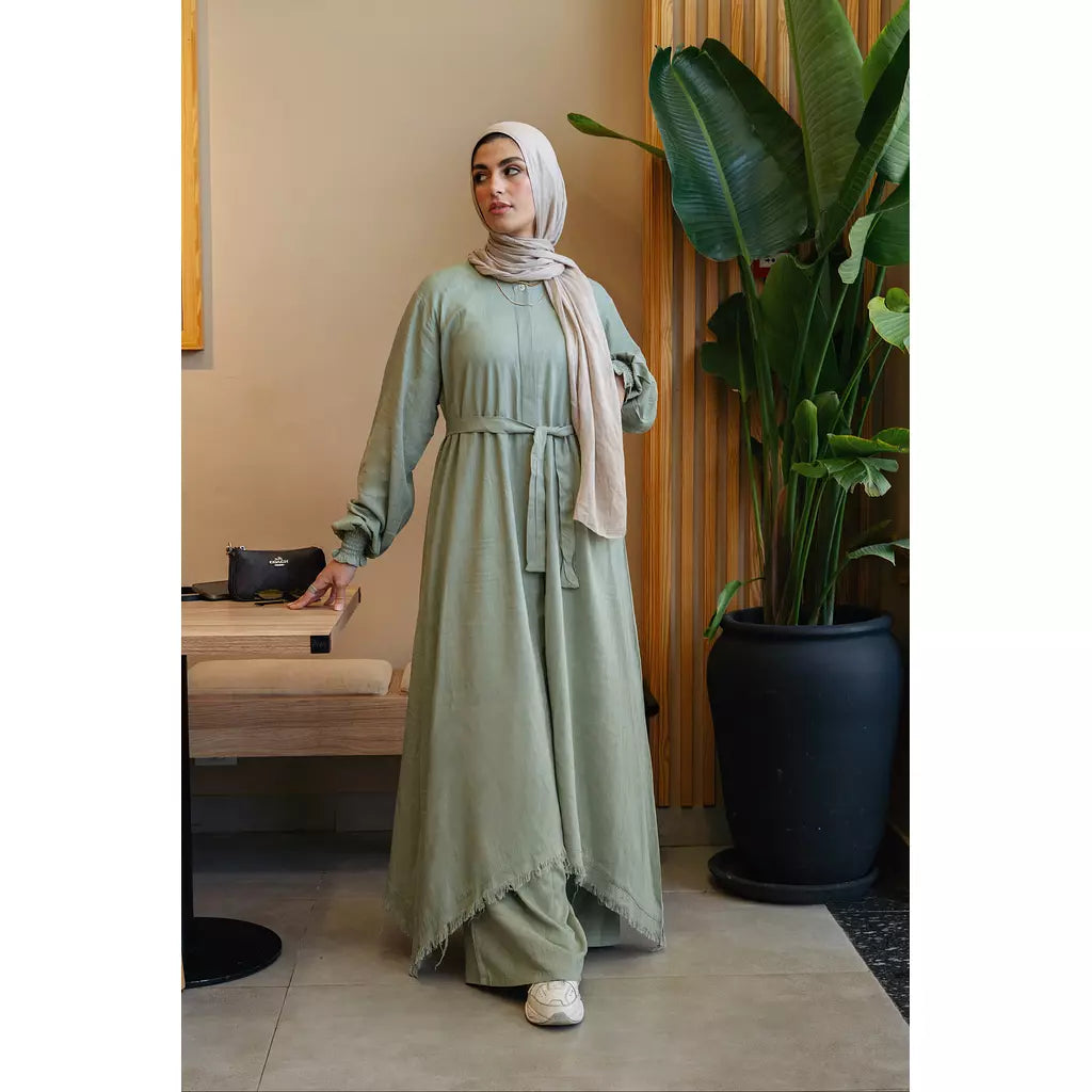 Asymmetric Linen Set In Olive