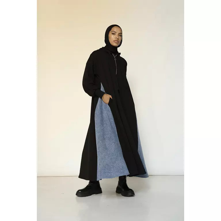 Denim-sided Hoodie Dress in Black