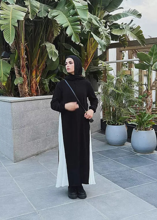 Pleated Tunic Maxi Wool Dress In Black