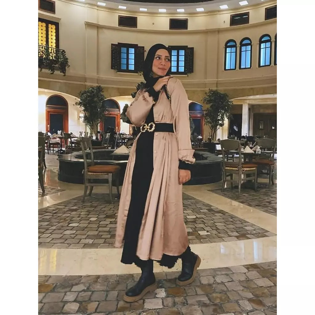 Tan Beige Satin Midi Shirt Dress