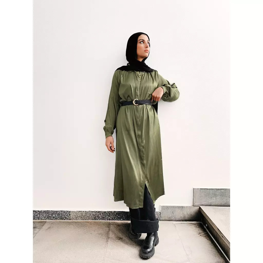 Satin Midi Shirt Dress In Olive