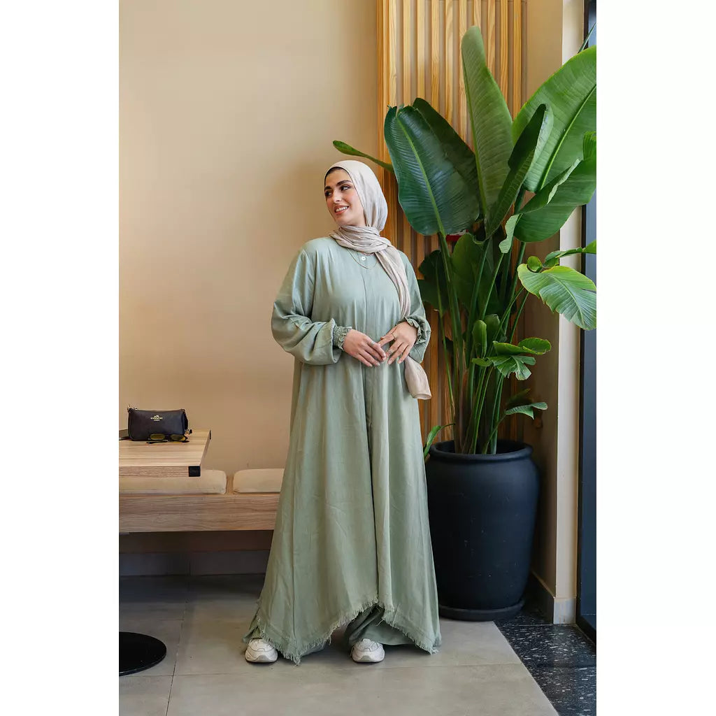 Asymmetric Linen Set In Olive