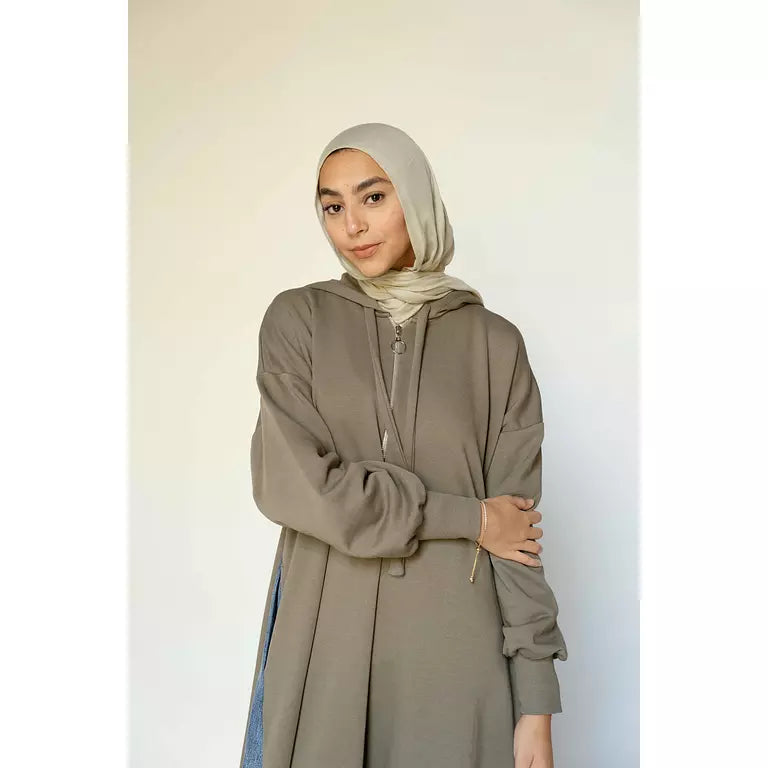Denim-sided Hoodie Dress in Olive