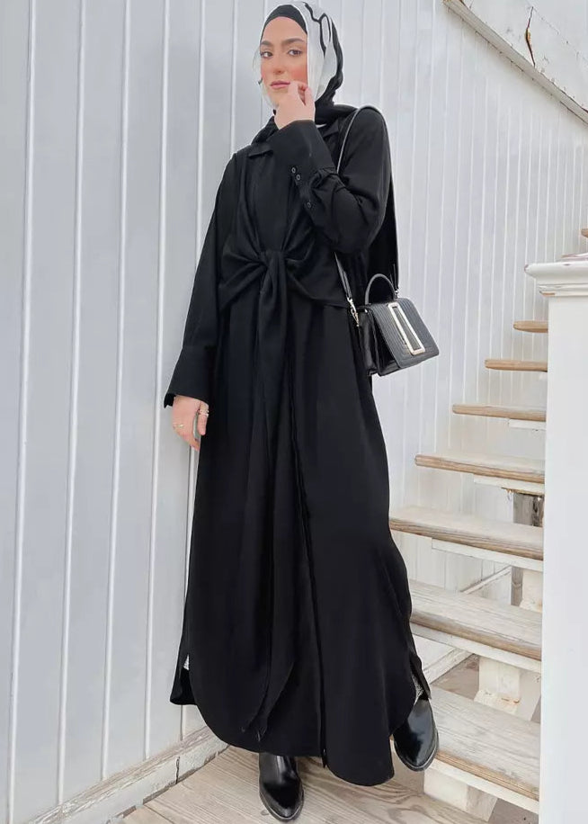 Knot Crep Shirt Abaya In Black