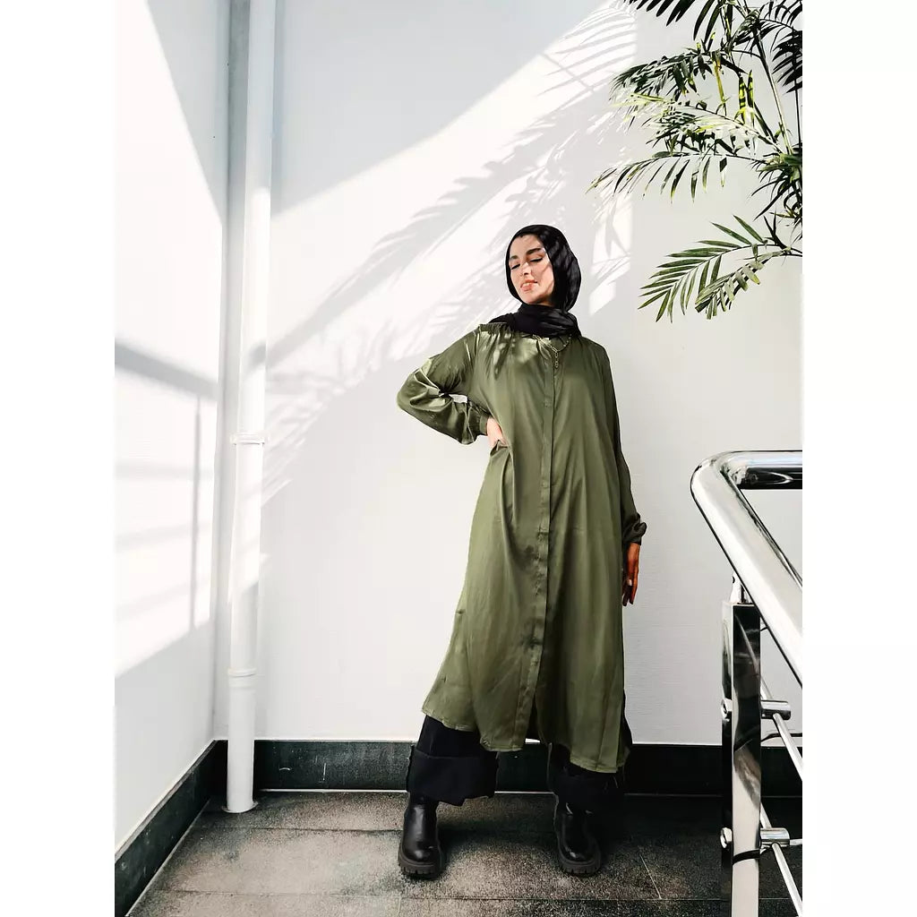 Satin Midi Shirt Dress In Olive