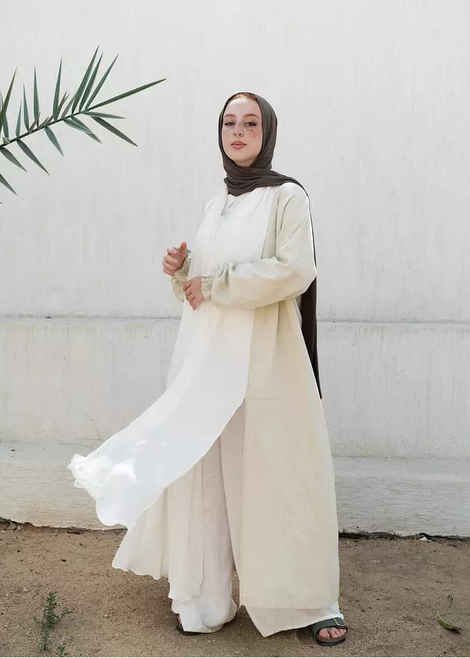 Linen x Chiffon Pleated Collar Kimono in Beige