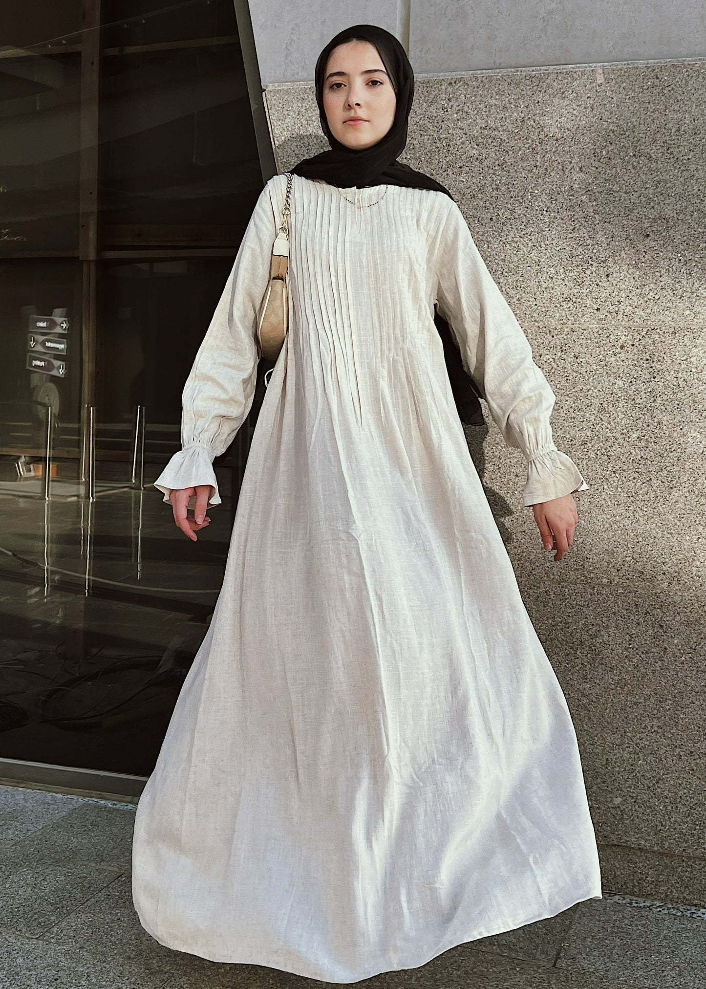 Linen Pleated Dress In Beige