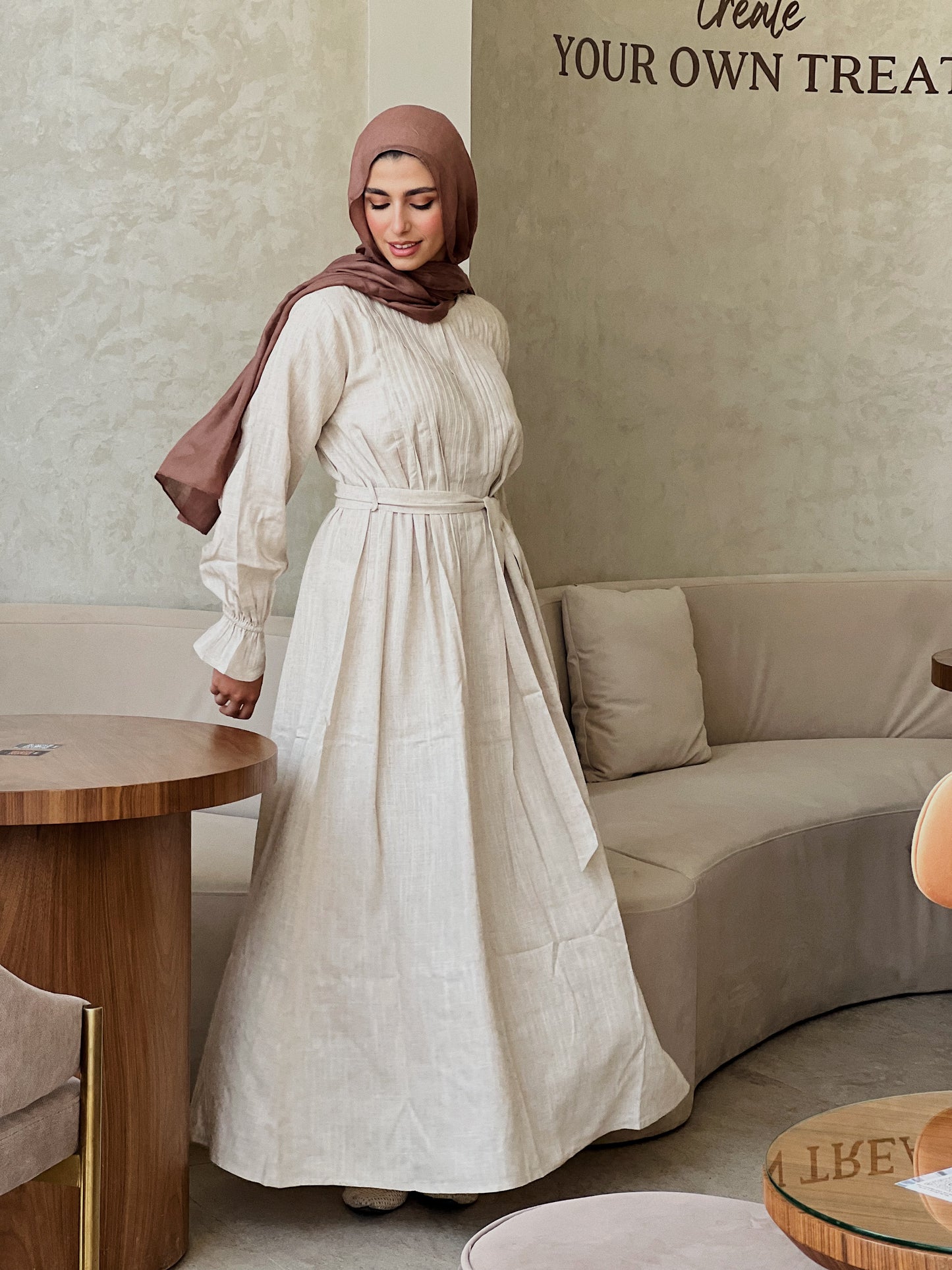 Linen Pleated Dress In Beige