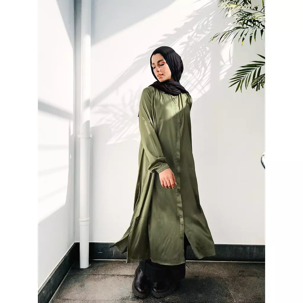 Satin Midi Shirt Dress In Olive