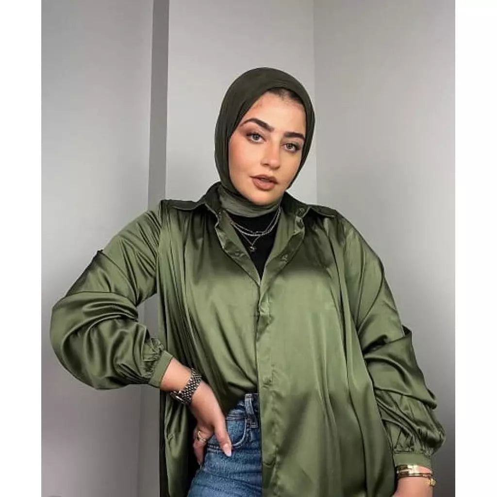 Satin Midi Shirt Dress In Olive