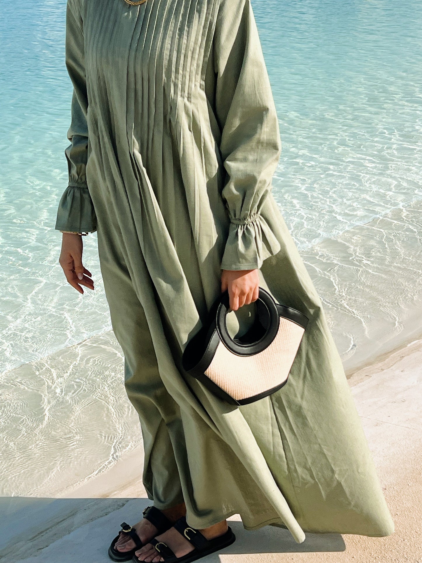 Linen Pleated Dress In Olive