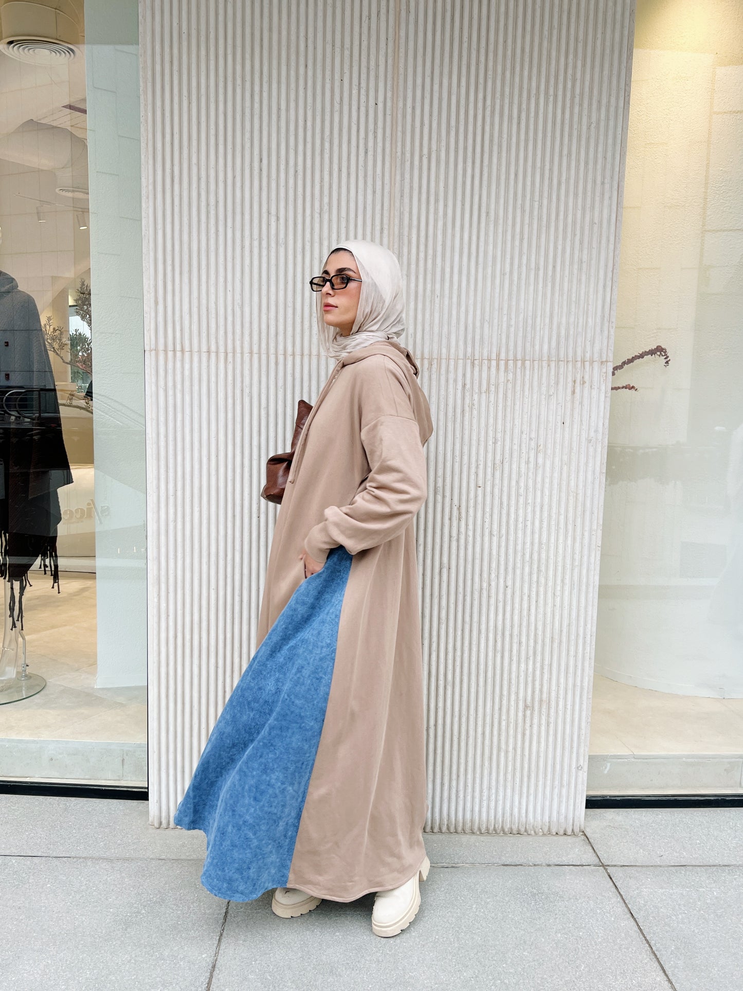 Denim-sided Hoodie Dress in Warm Beige