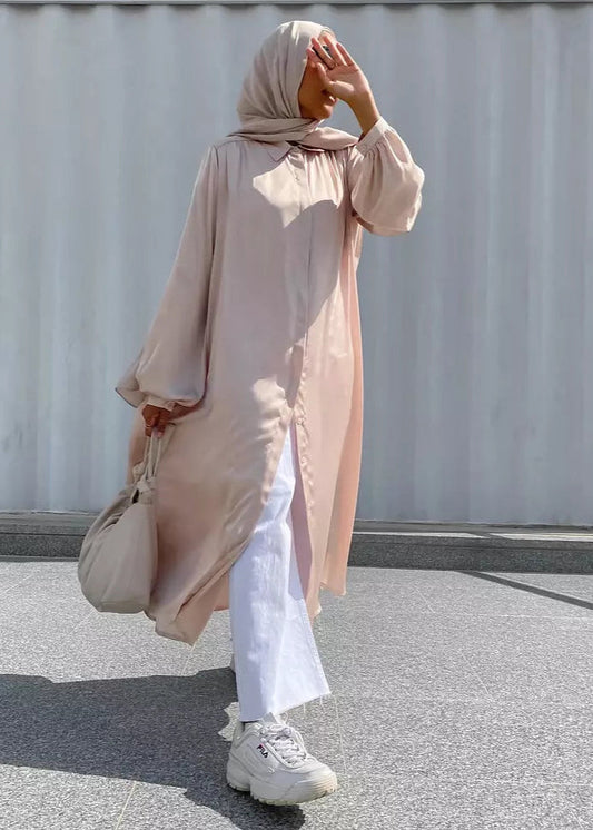 Champagne Satin Midi Shirt Dress